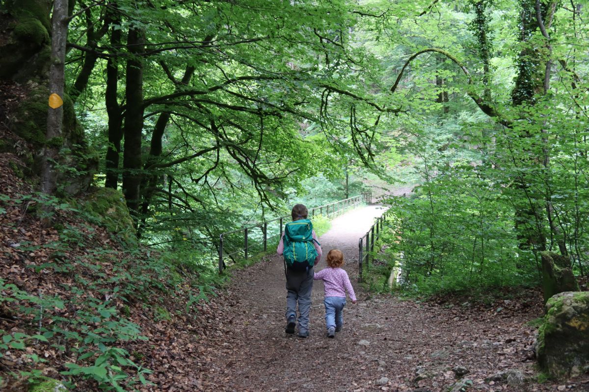 Kinder laufen auf eine Brücke im Wald